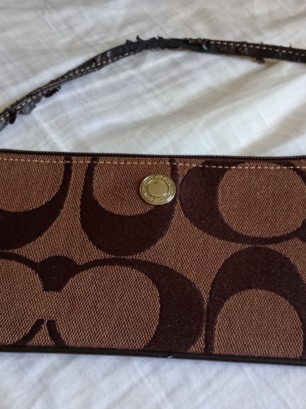 Coach Brown Signature Canvas Wristlet with Gold Accent